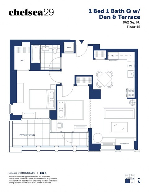 Floor plan for 1 bed, 1 bath, 862 sqft
